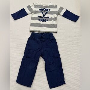 Gymboree Hockey Pro Striped Baby Top & Navy Cargo Pants Set size 18-24 Months